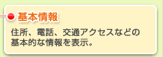 基本情報　住所、電話、交通アクセスなどの基本的な情報を表示